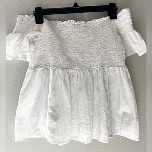 American Eagle Outfitters White Off-Shoulder Smocked Peplum Top